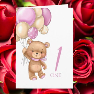 Carte 1er anniversaire joli ballons rose fille teddy car