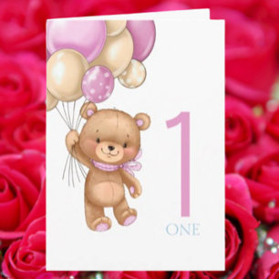 Carte 1er anniversaire joli ballons rose fille teddy car
