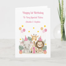 1er Anniversaire Jungle Animaux Twin Girls Card