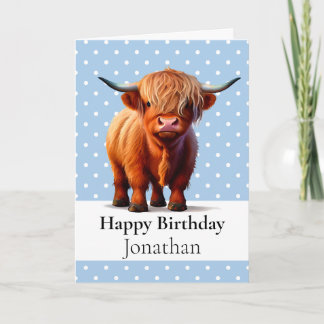 Carte 1er ANNIVERSAIRE LONGUE VACHE À CHEVEUX GARÇON CAR