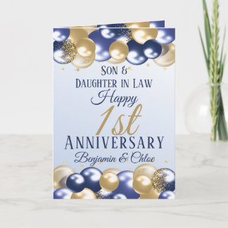 Carte 1er anniversaire Mariage Fils Fille Marine Or