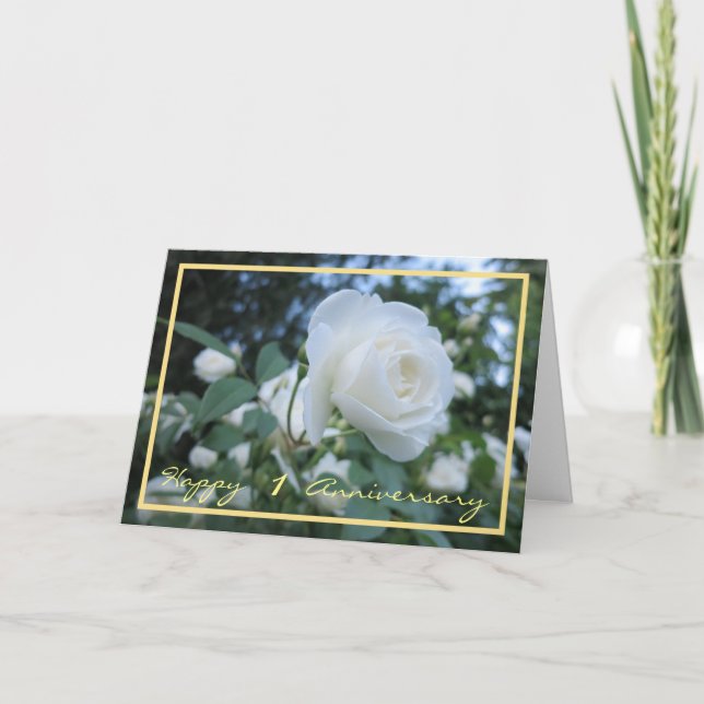 Carte 1er anniversaire Mariage : La Rose blanche élégant (Devant)