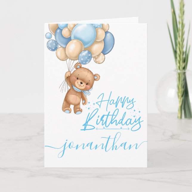 Carte 1er anniversaire mignon ballon en peluche garçon (Devant)