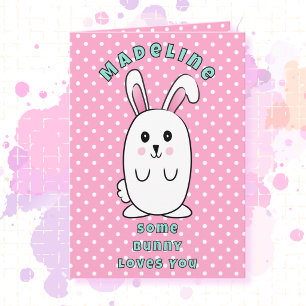 Carte 1er Anniversaire Mignon Lapin Dessin Animé Rose Bl