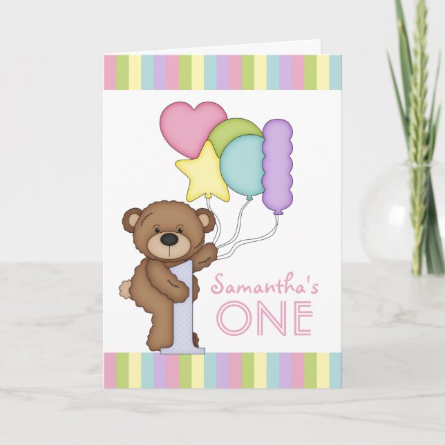 Carte 1er Anniversaire Ours Arc-en-ciel rayures et ballo (Devant)