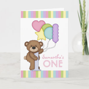 Carte 1er Anniversaire Ours Arc-en-ciel rayures et ballo