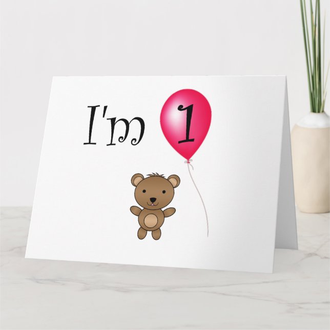 Carte 1er anniversaire ours ballons rouges (Devant)
