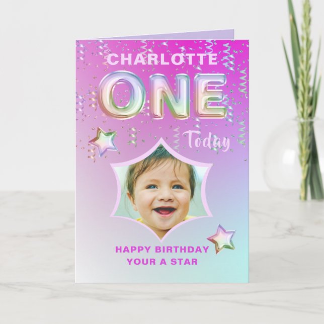 Carte 1er anniversaire Parties scintillant arc-en-ciel P (Devant)