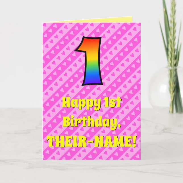 Carte 1er anniversaire : Pink Stripes & Hearts, Rainbow  (Devant)