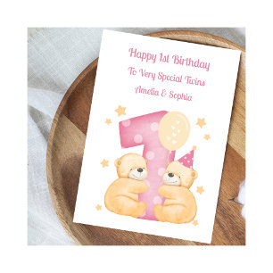 Carte 1er Anniversaire Polka Dot Teddies Twin Girl Card