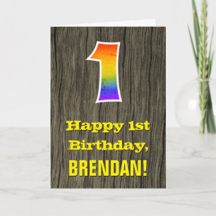 Carte 1er anniversaire : Rustic Faux Wood Look, Rainbow 