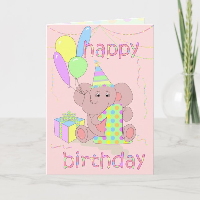 Carte 1er éléphant d'anniversaire pour les filles (Devant)