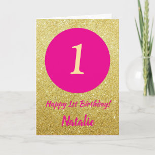 Carte 1er Joyeux anniversaire Hot rose et Parties scinti