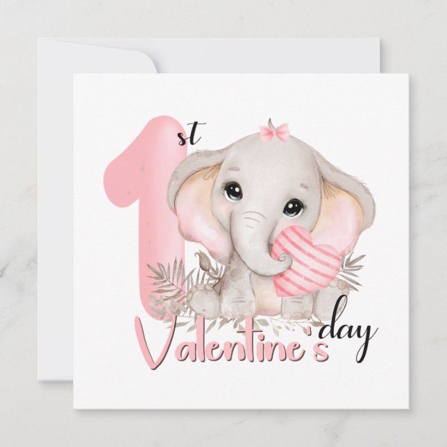 Carte 1ère Saint Valentin fille éléphant rose Valentines (Devant)