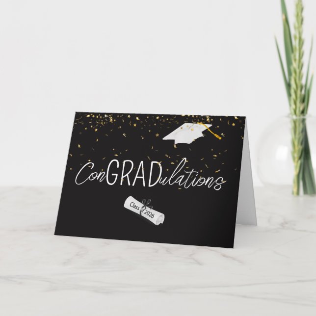 Carte 2026 Graduation Gold Confetti and Cap (Devant)