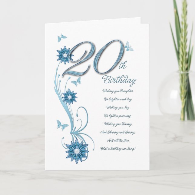 Carte 20e anniversaire en turquoise avec fleurs et papil (Devant)