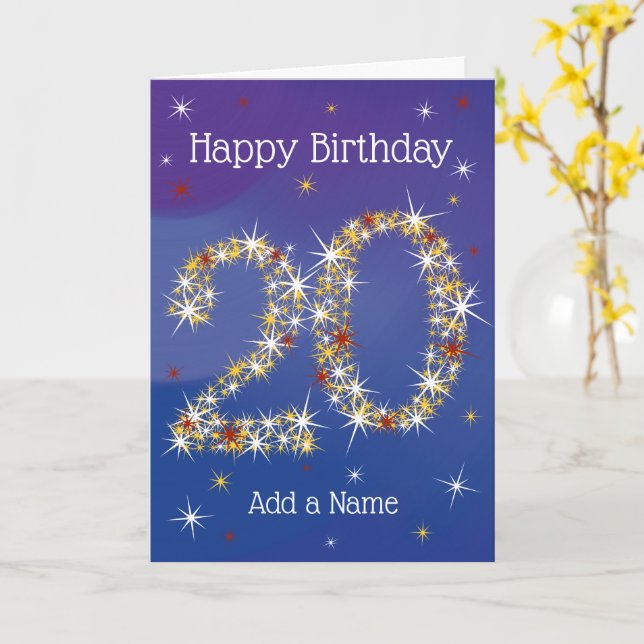 Carte 20e anniversaire - Numéro 20 en étoiles - Bleu - Â (Fleur jaune)