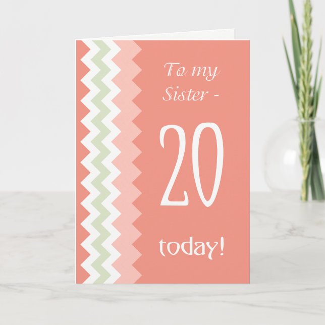 Carte 20e anniversaire pour Soeur, Coral, Chevrons à la  (Devant)