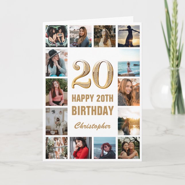 Carte 20e Joyeux Anniversaire Gold et White Photo Collag (Devant)