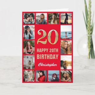 Carte 20e Joyeux Anniversaire Rouge et or Collage photo