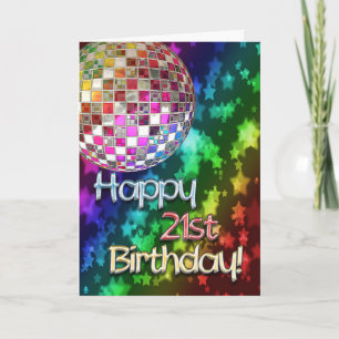 Carte 21e anniversaire avec boule disco et arc-en-ciel d