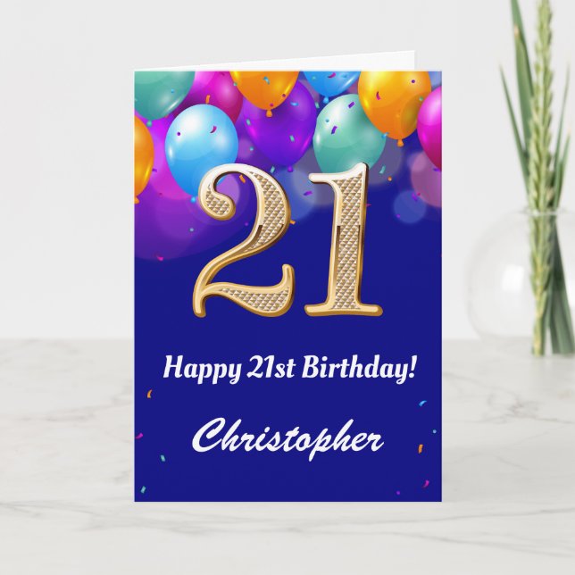 Carte 21e Anniversaire Ballons bleu et or couleur marine (Devant)