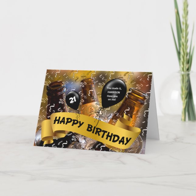 Carte 21e Anniversaire Bouée de bière avec nom (Devant)