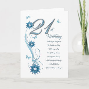 Carte 21e anniversaire en turquoise avec fleurs et papil