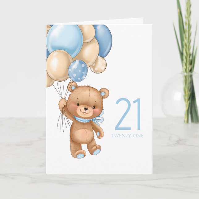 Carte 21E anniversaire mignon ballons bleu garçon teddy  (Devant)