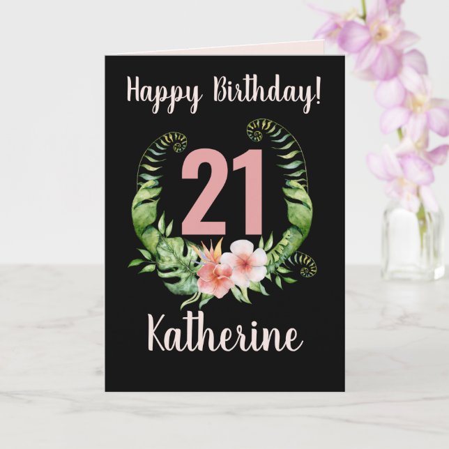 Carte 21e anniversaire noir Floral Fille Nom (Orchidée)