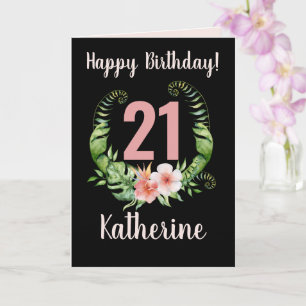 Carte 21e anniversaire noir Floral Fille Nom