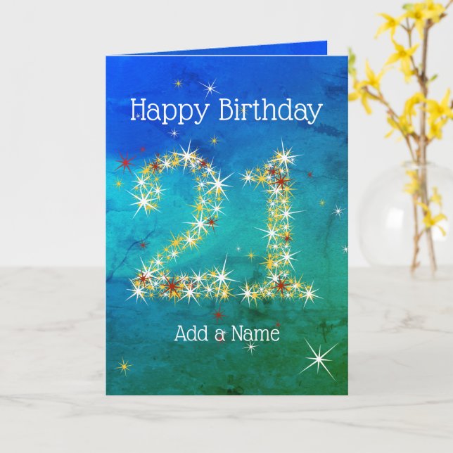 Carte 21e anniversaire - Numéro d'étoile - Vert bleu - 2 (Fleur jaune)