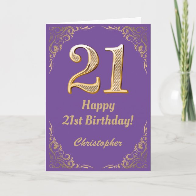 Carte 21e anniversaire Parties scintillant violet et or (Devant)