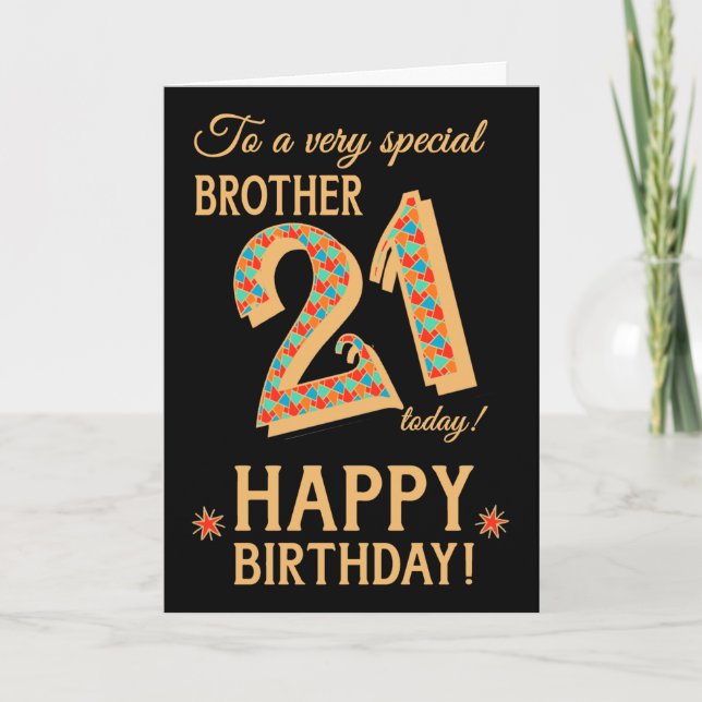 Carte 21e anniversaire, pour Frère, Effet or sur Noir (Devant)