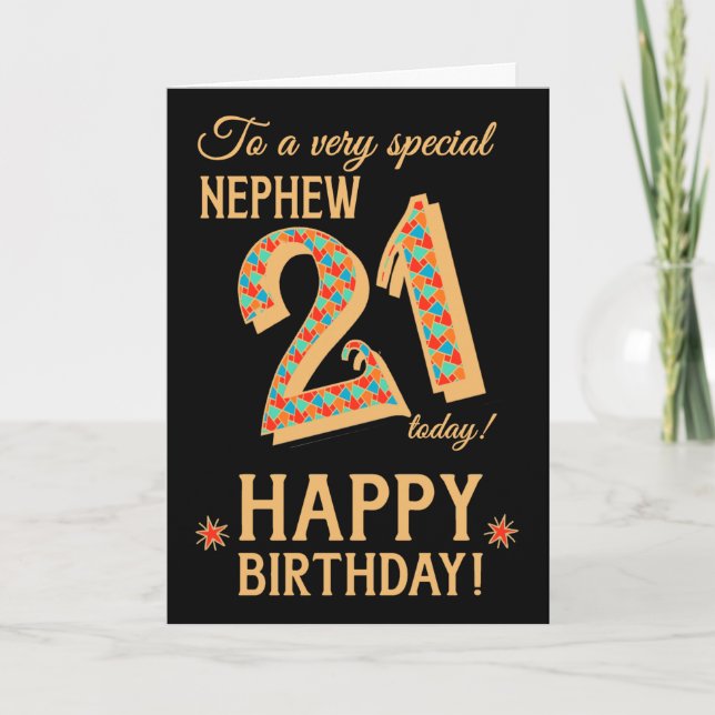 Carte 21e anniversaire, pour Nephew, Effet or sur Noir (Devant)