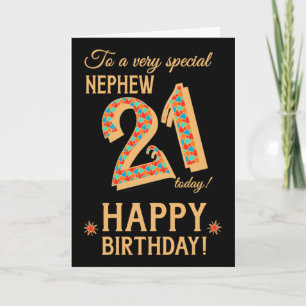 Carte 21e anniversaire, pour Nephew, Effet or sur Noir