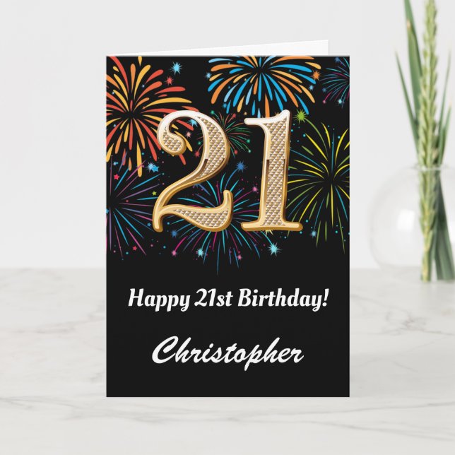 Carte 21e anniversaire Rainbow Fireworks noir et or (Devant)