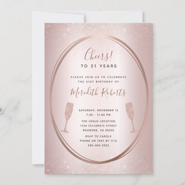 Carte 21e anniversaire Rose Gold Champagne Party Invitat (Devant)