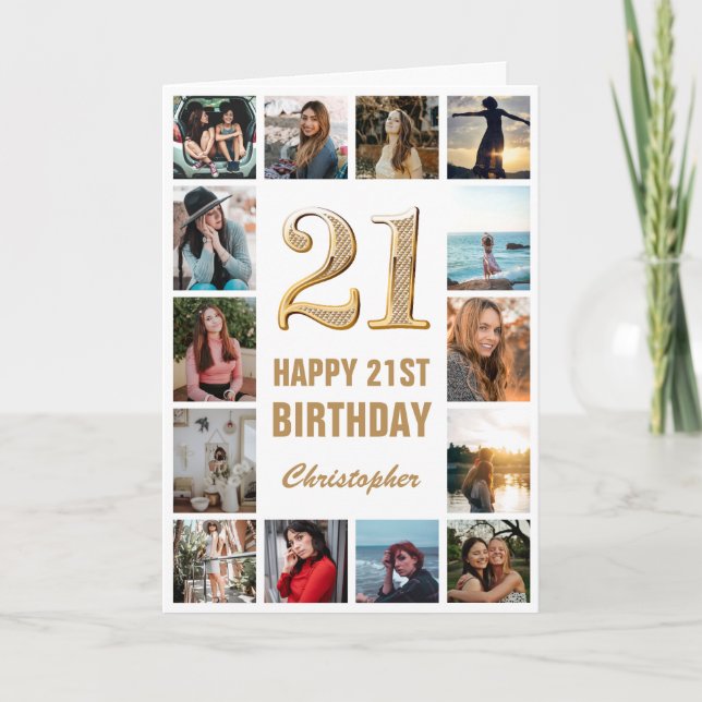 Carte 21e Joyeux Anniversaire Collage photo d'or et blan (Devant)