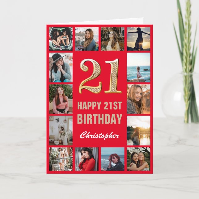 Carte 21e Joyeux Anniversaire Collage photo Rouge et Or (Devant)
