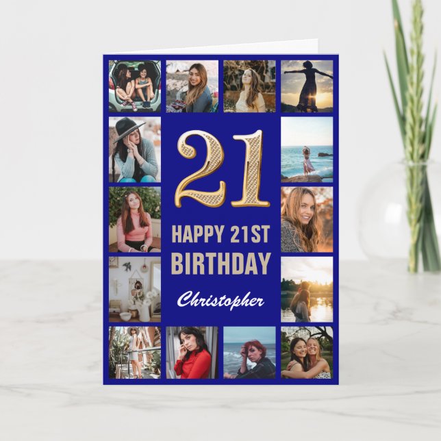 Carte 21e Joyeux Anniversaire Marine Blue & Gold Photo C (Devant)