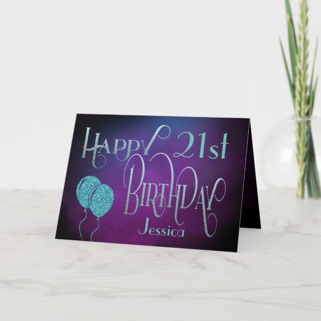 Carte 21e Nom élégant Purple Turquoise Joyeux Anniversai (Devant)