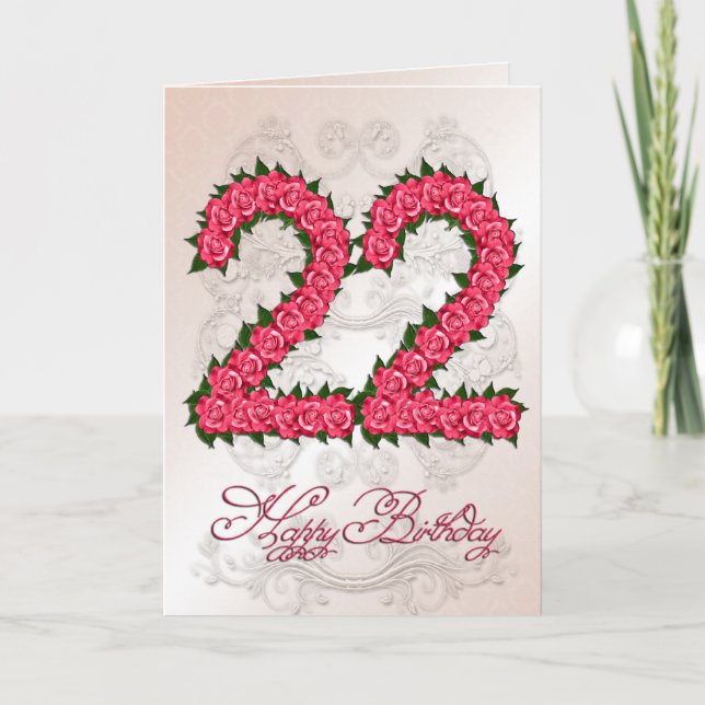 Carte 22e anniversaire avec roses et feuilles (Devant)