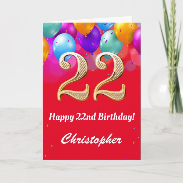 Carte 22e anniversaire Ballons rouges et dorés (Devant)