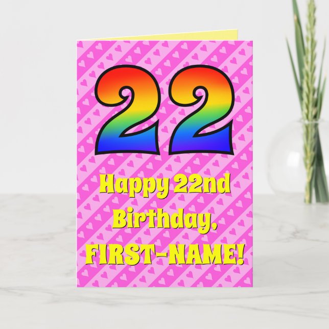 Carte 22e anniversaire : Pink Stripes & Hearts, Arc-en-c (Devant)