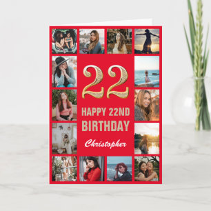 Carte 22e Joyeux Anniversaire Collage photo Rouge et Or