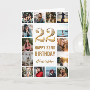 Carte 22e Joyeux Anniversaire Gold et White Photo Collag