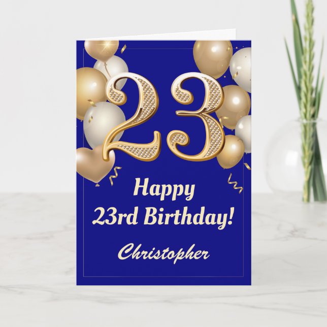 Carte 23e anniversaire Marine Bleu et Ballons d'or Confe (Devant)