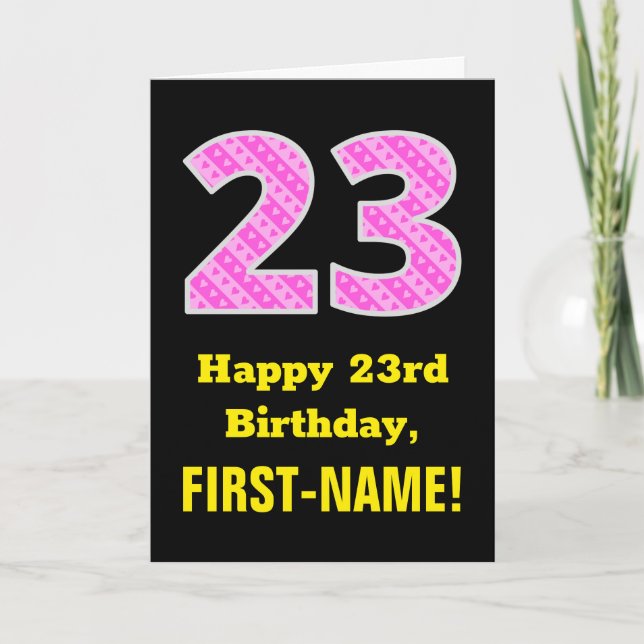 Carte 23rd Birthday: Pink Stripes and Hearts "23" + nom (Devant)