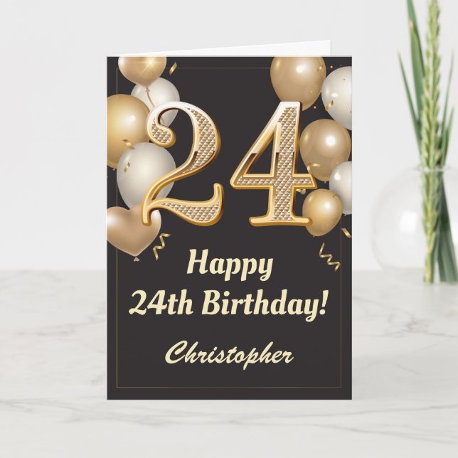 Carte 24e anniversaire Ballons Noir et Or Confetti (Devant)